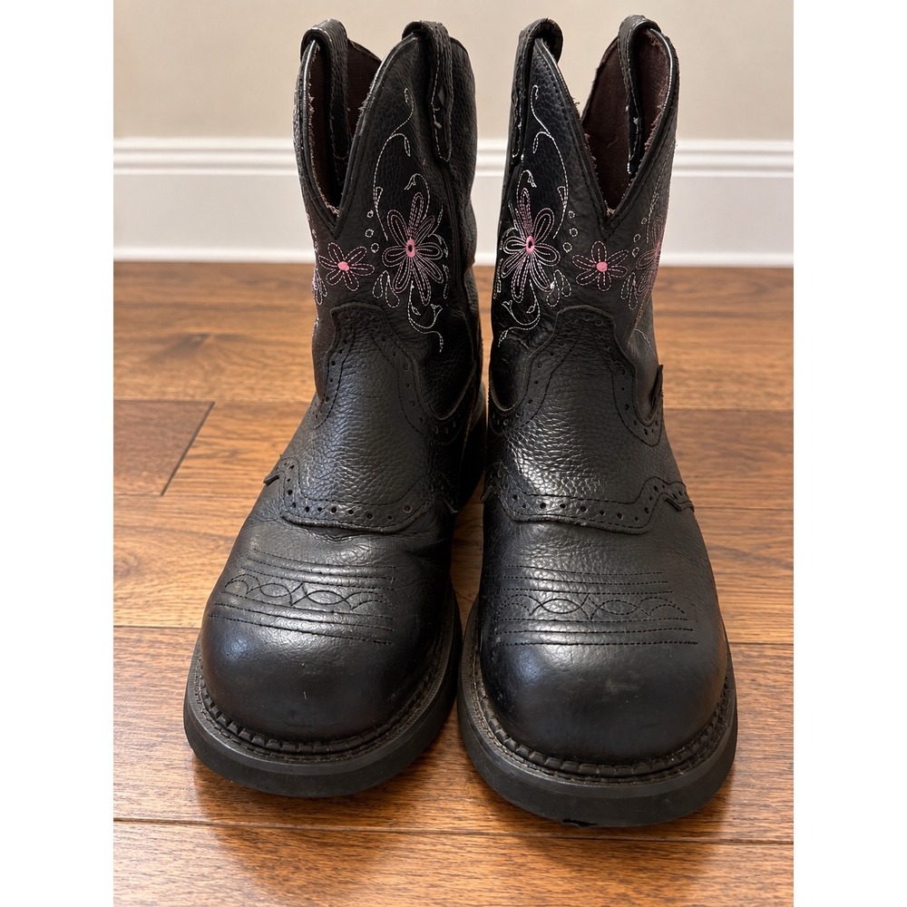 Justin Gypsy Womens Black Leather Floral Steel Toe Waterproof Work Boots WKL9982